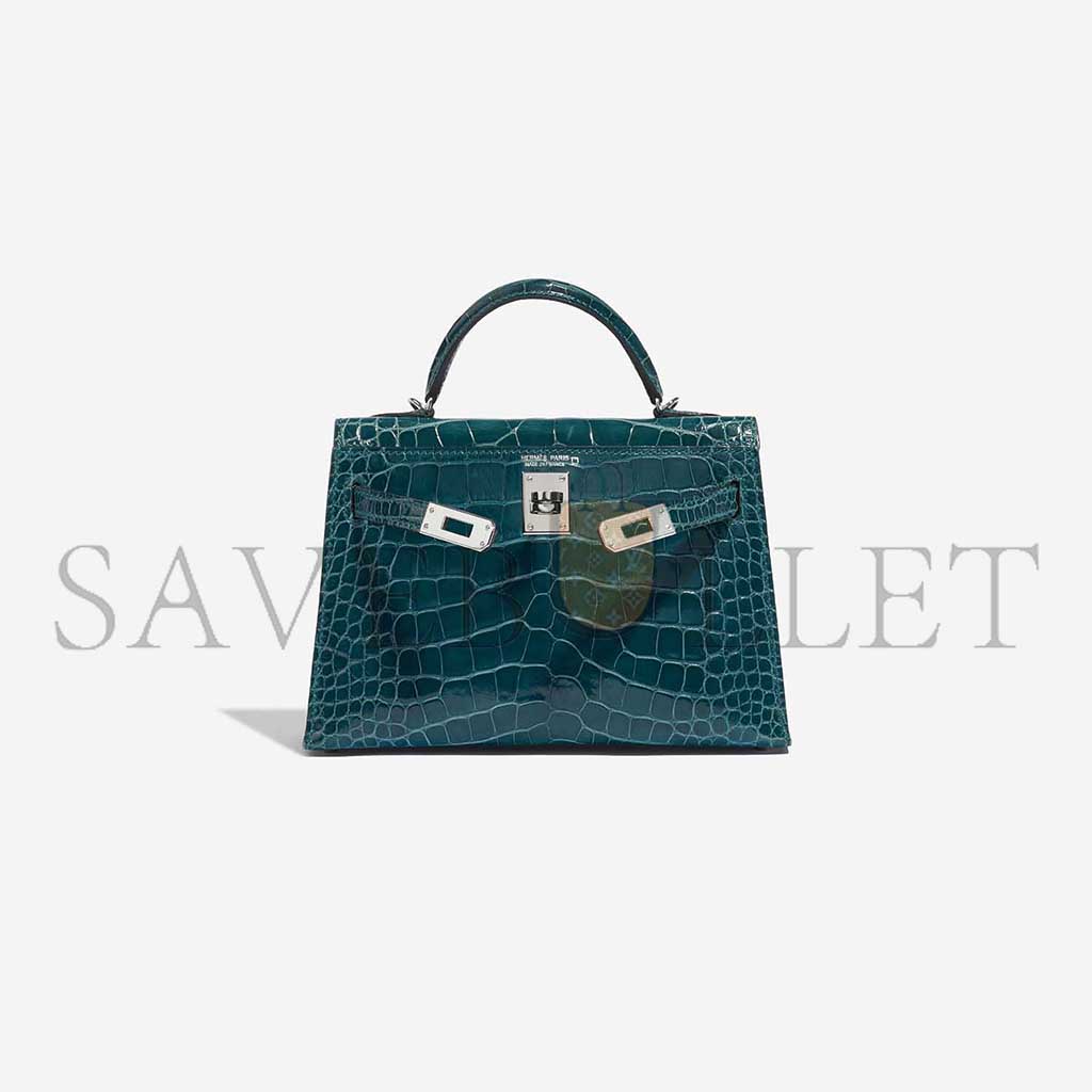 HERMÈS MASTER KELLY MINI II SILVER BUCKLE SHINY CROCODILE BOSPHORUS GREEN (19*12*5.5cm) 